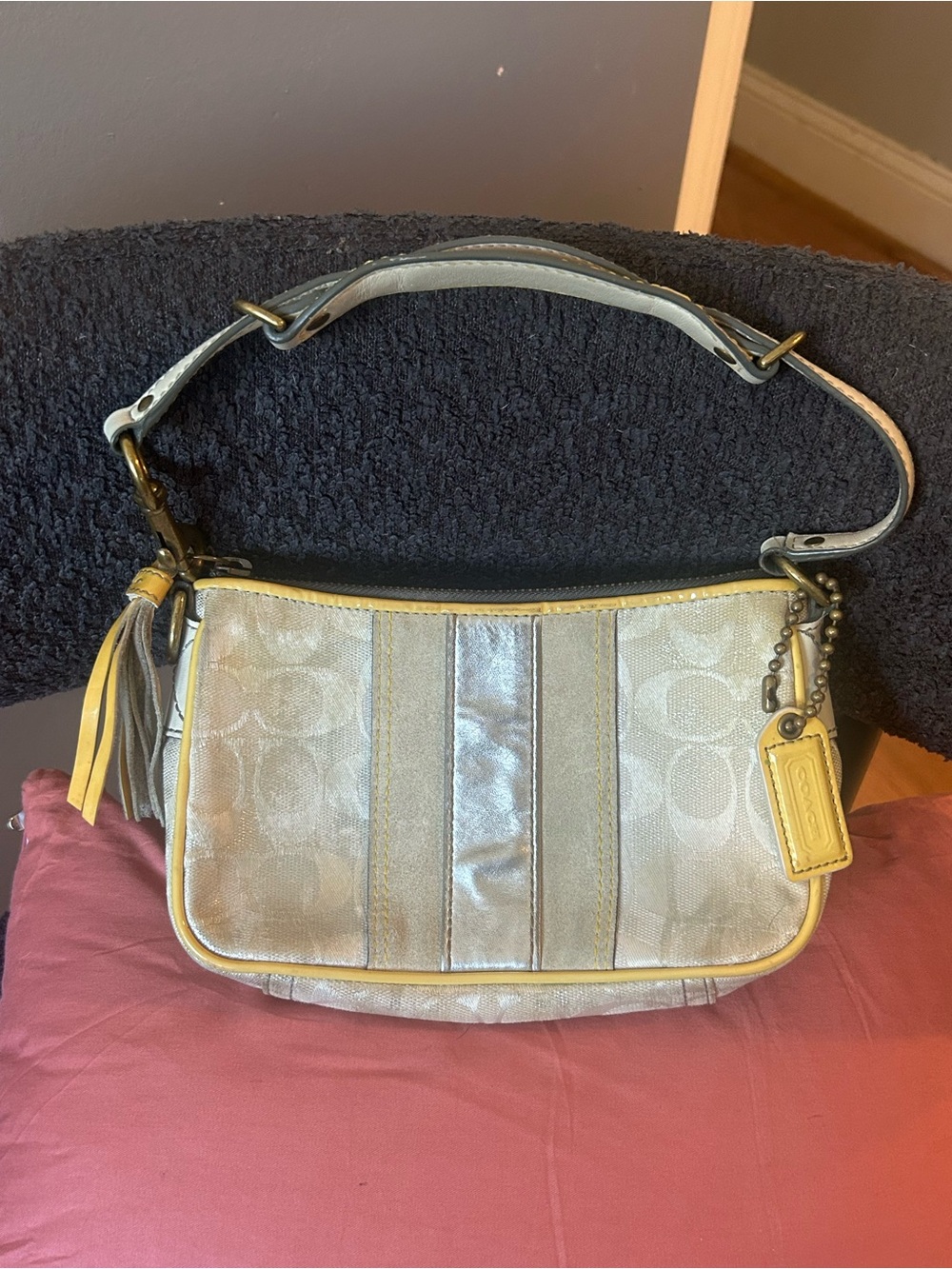 Vintage Coach Signature Stripe Demi Mini Shoulder Bag in Silver and Yellow